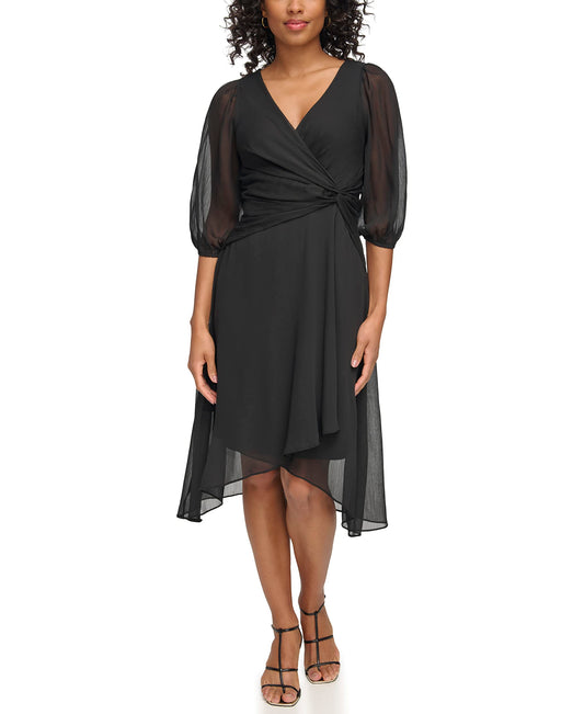 DKNY Women's Chiffon 3/4 Sleeve Faux Wrap Dress, BLK, 8