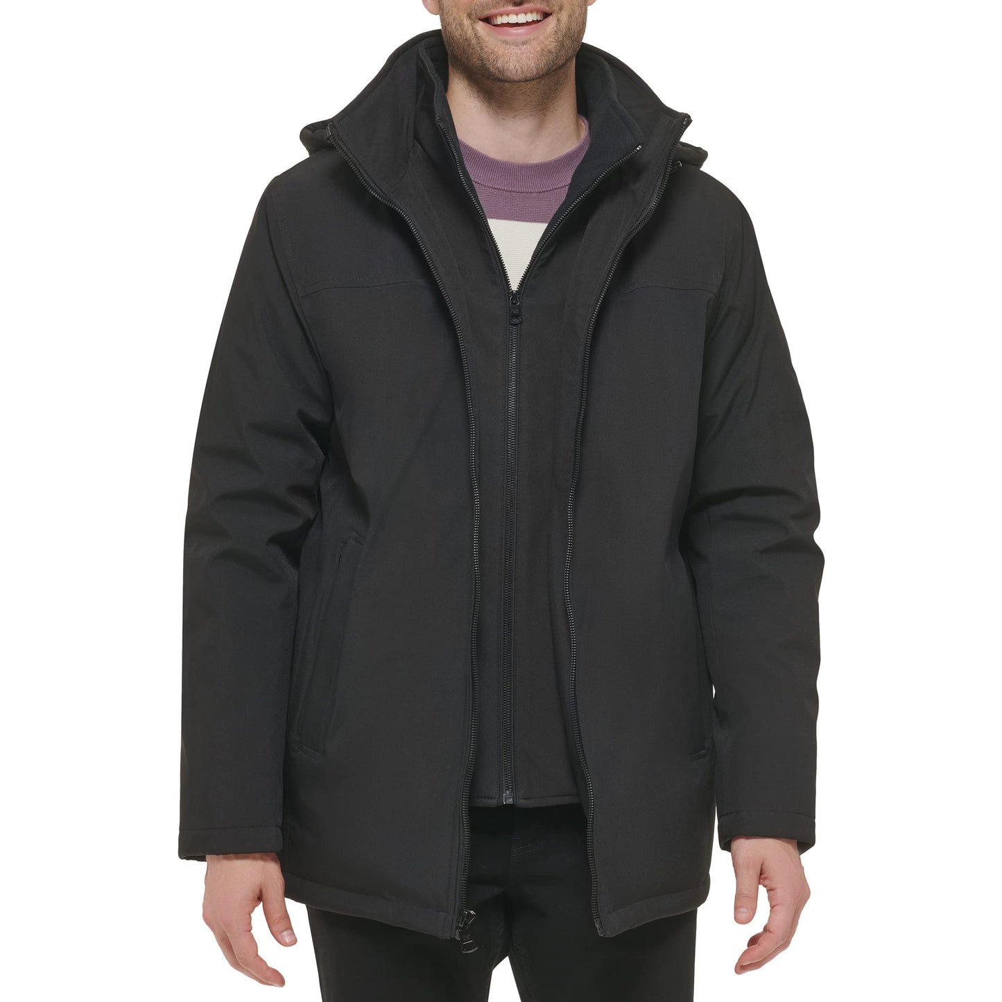 Calvin Klein Men's Rip Stop Hooded Jacket With Inner Fleece Bib, Deep Black, Medium