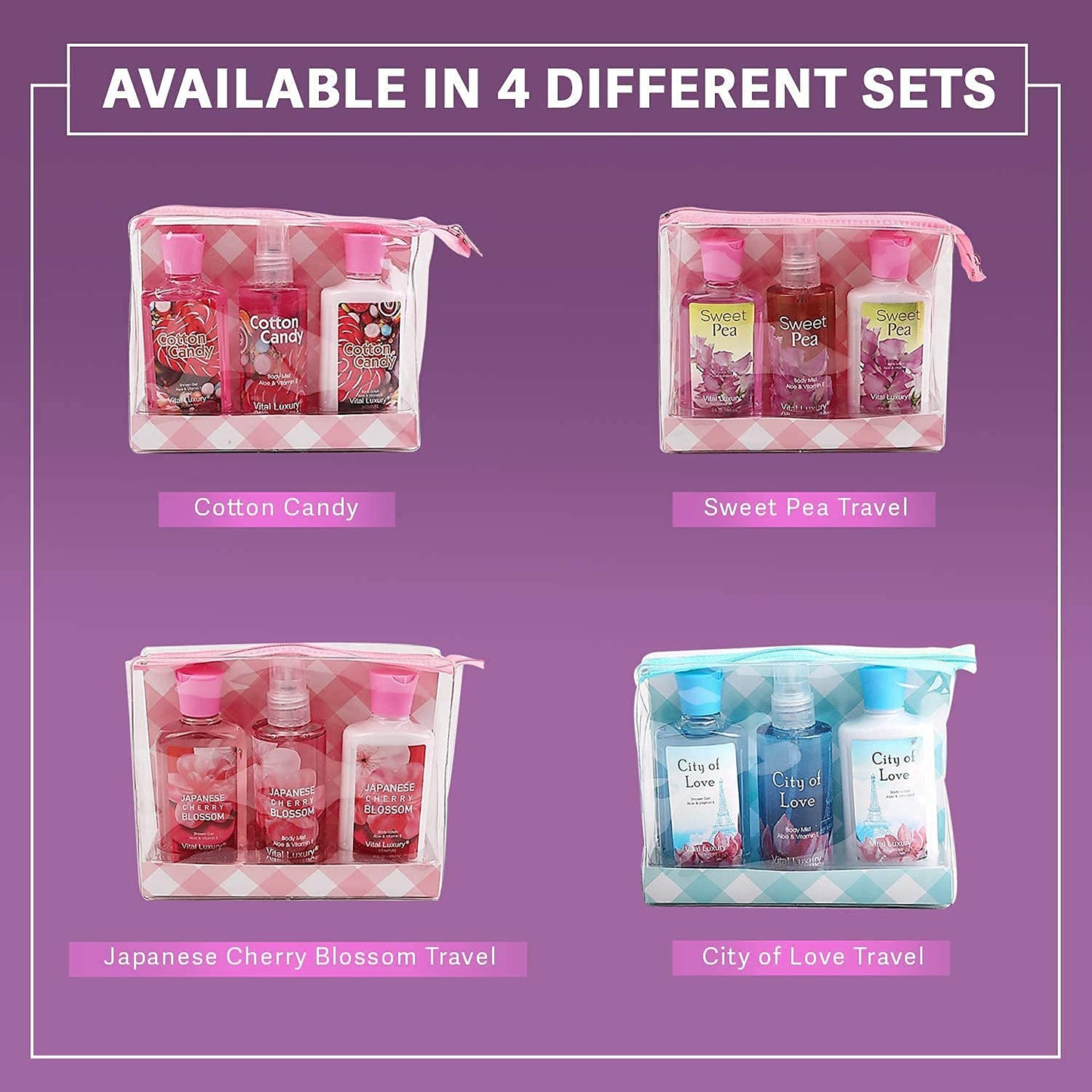 Vital Luxury Cotton Candy Bath & Body Travel Kit, 3 Fl Oz, Ideal Skincare Gift Home Spa Set, Includes Shower Gel, Body Lotion and Fragrance Mist, Christmas Gifts for Your Family and Friends
