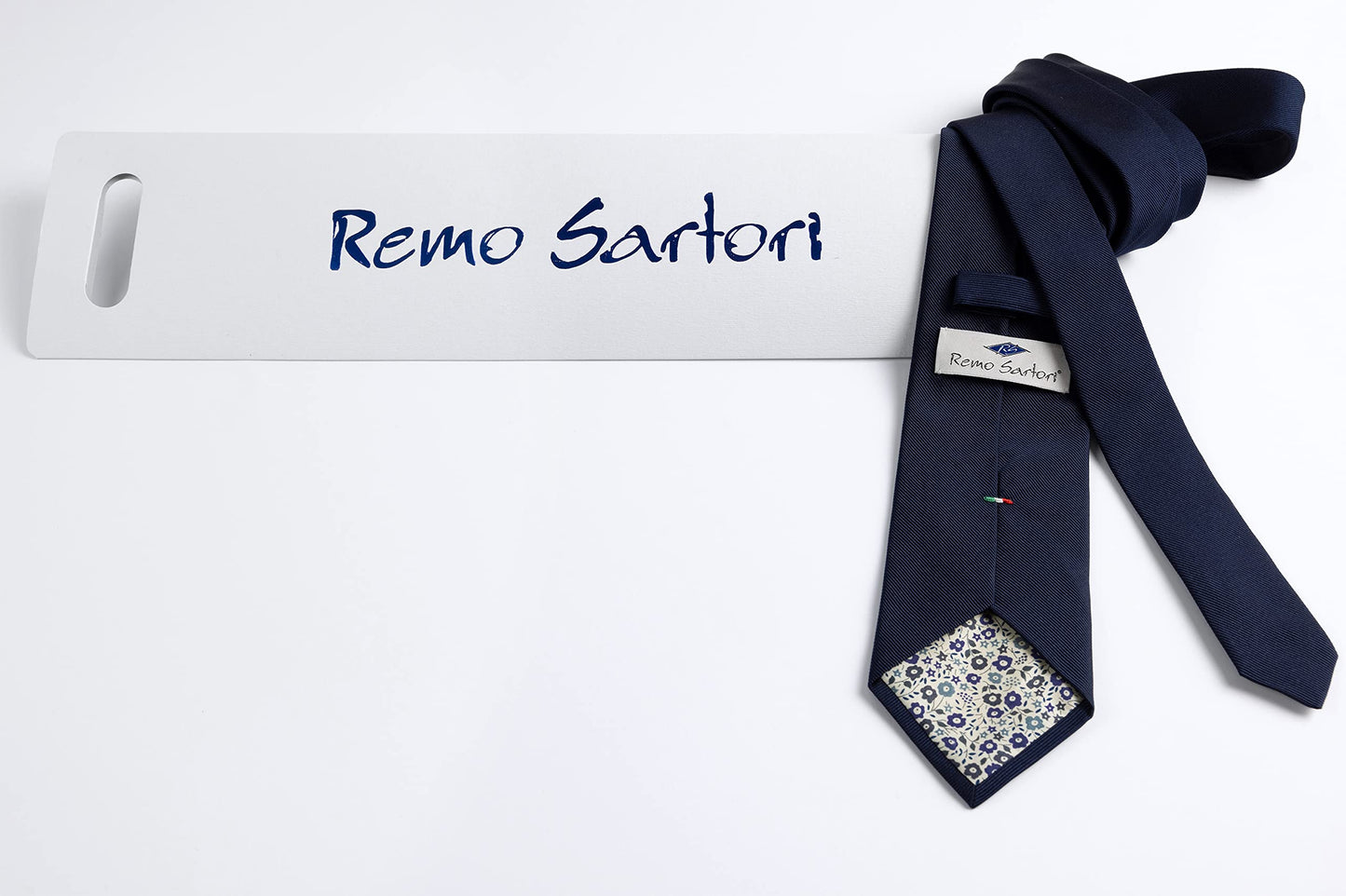 Remo Sartori Made in Italy Blue Necktie with Italian Flag Undernode Embroidery, 3.14'' Width, Silk