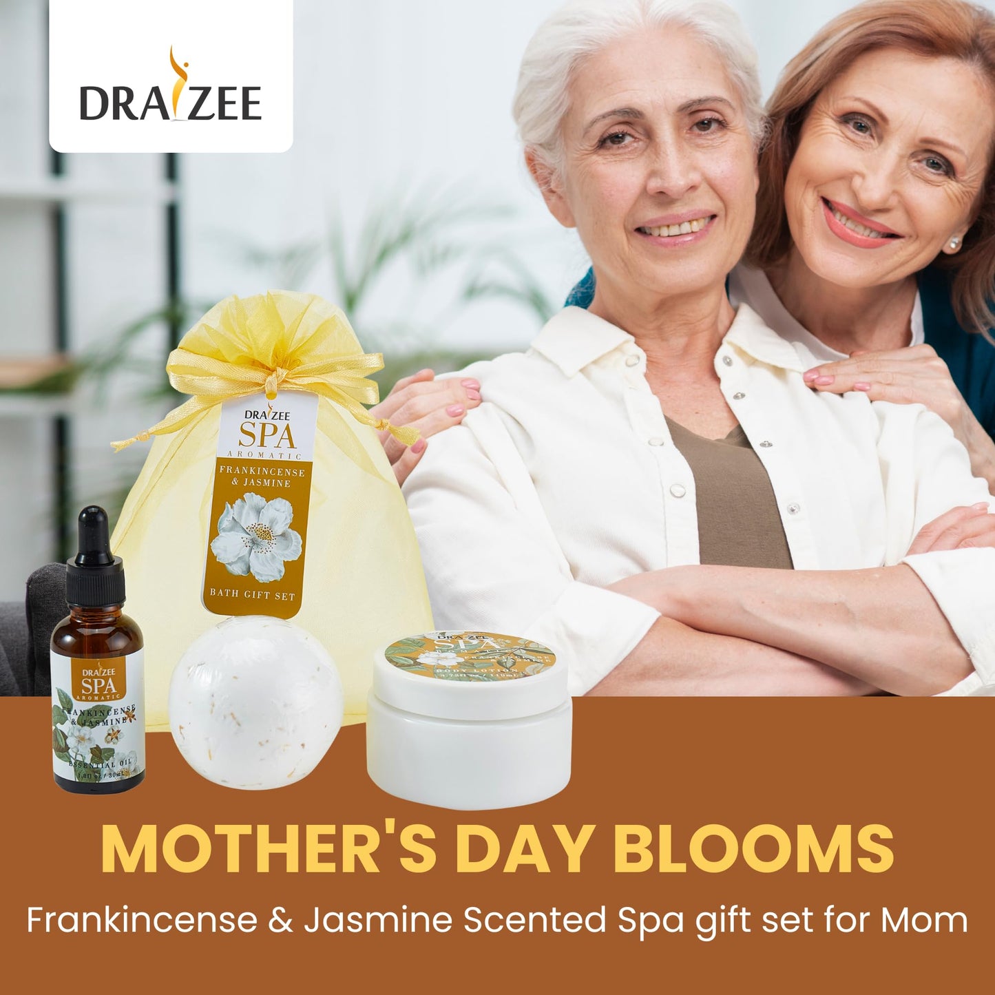 Mother's Day Gift- Draizee Home Spa Bath Gift Set for Womens and Girls w /Refreshing Frankincense & Jasmine Fragrance, 3 Pieces - Luxury Skin Care Set Includes Body Lotion, Essential Oil, Bath Bomb