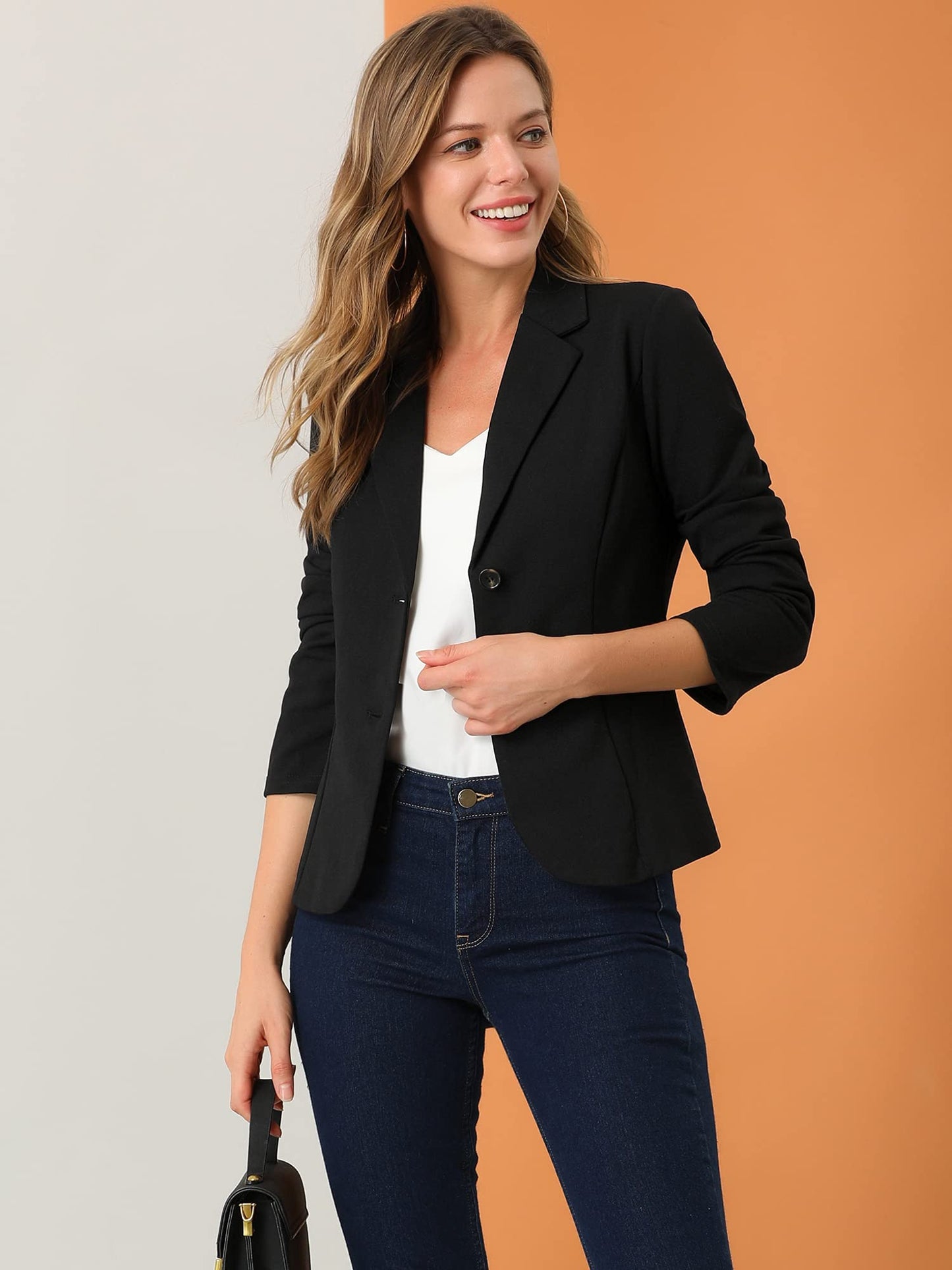 Allegra K Women's Work Office Blazer Stretch Lapel Collar Long Sleeve Jacket Suit Blazer Medium Black