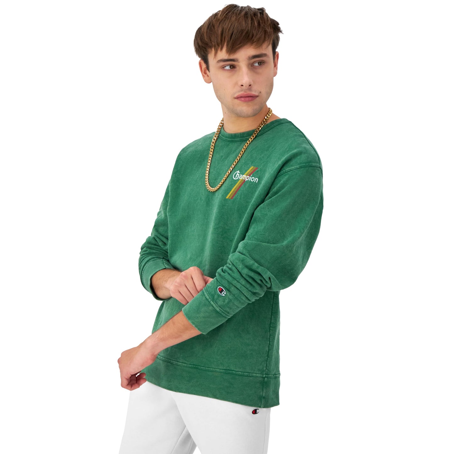 Champion, Mineral Dye Graphic Crewneck, Men's Pullover Sweatshirt, Road Sign Green Script Stripe