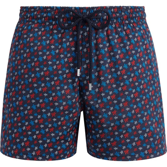Vilebrequin Men Stretch Swim Trunks Micro Round Turtles Rainbow, L, Navy Blue
