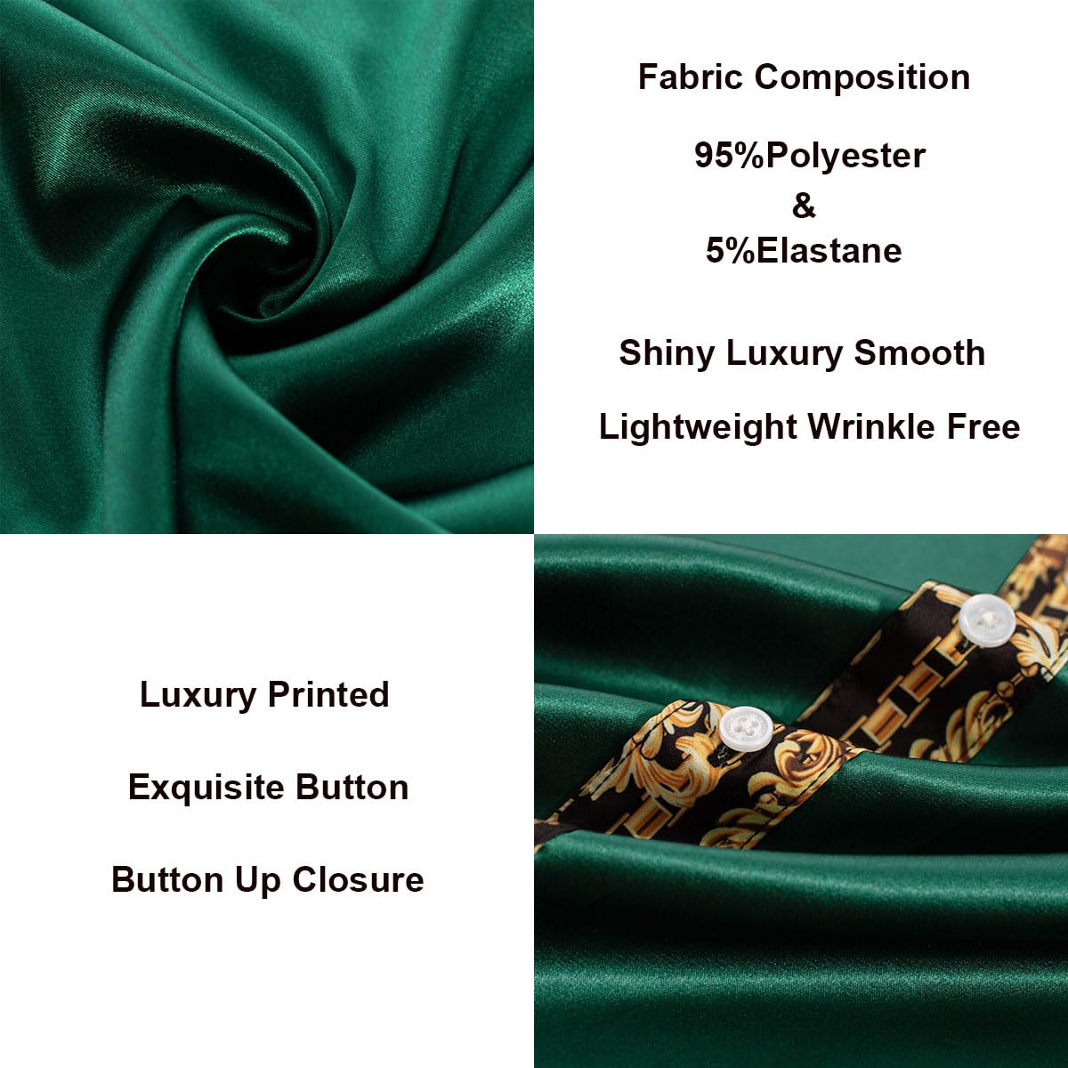 Mens Luxury Printed Satin Dress Shirts Wrinkle Free Short Sleeve Cool Beach Tops Dark Green XL