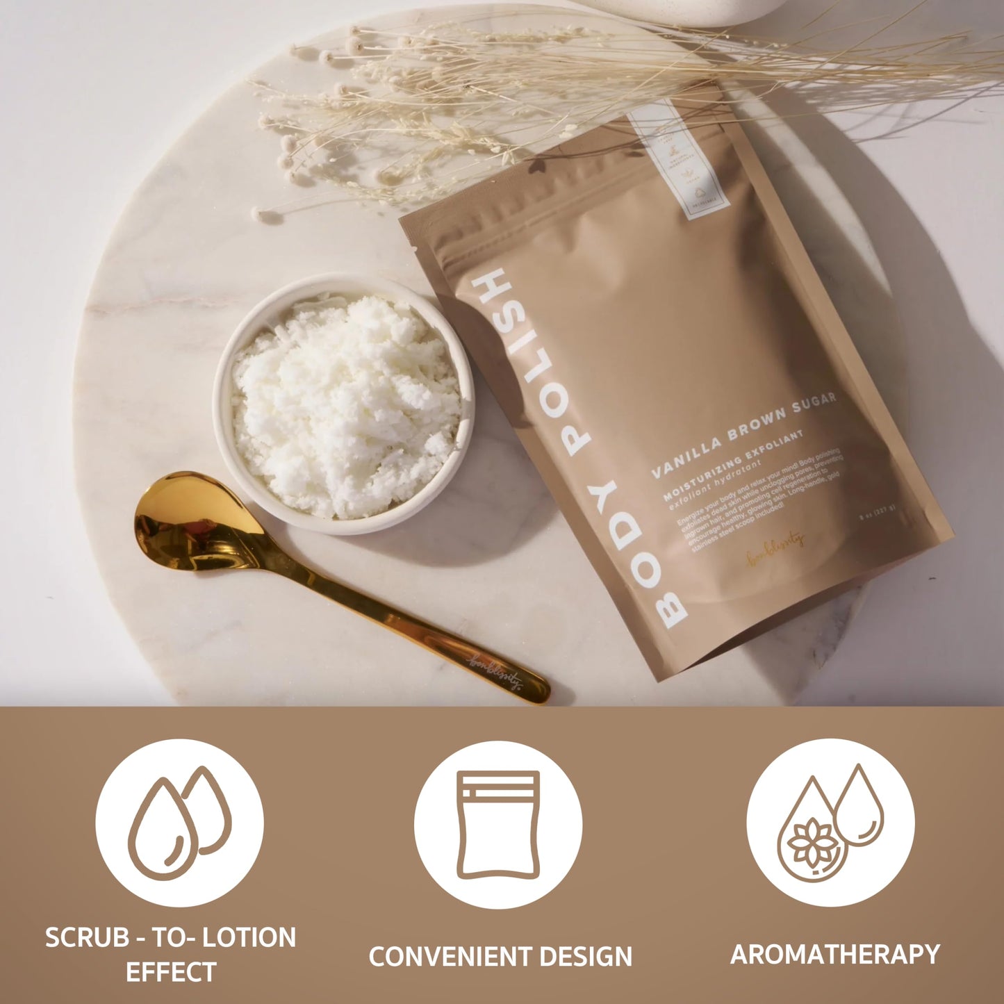 Bonblissity Body Scrub, Body Polish [LAVENDER LUXURY] - Moisturizing & Exfoliating Body Scrub - Handmade, Eco-Friendly, Mess-Free with Gold Spoon, Gentle & Fluffy Texture, Made in USA