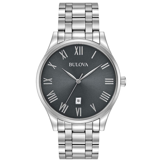 Bulova Men's Classic Stainless Steel 3-Hand Date Calendar Quartz Watch, Grey Dial with Roman Numeral Markers Style: 96B261