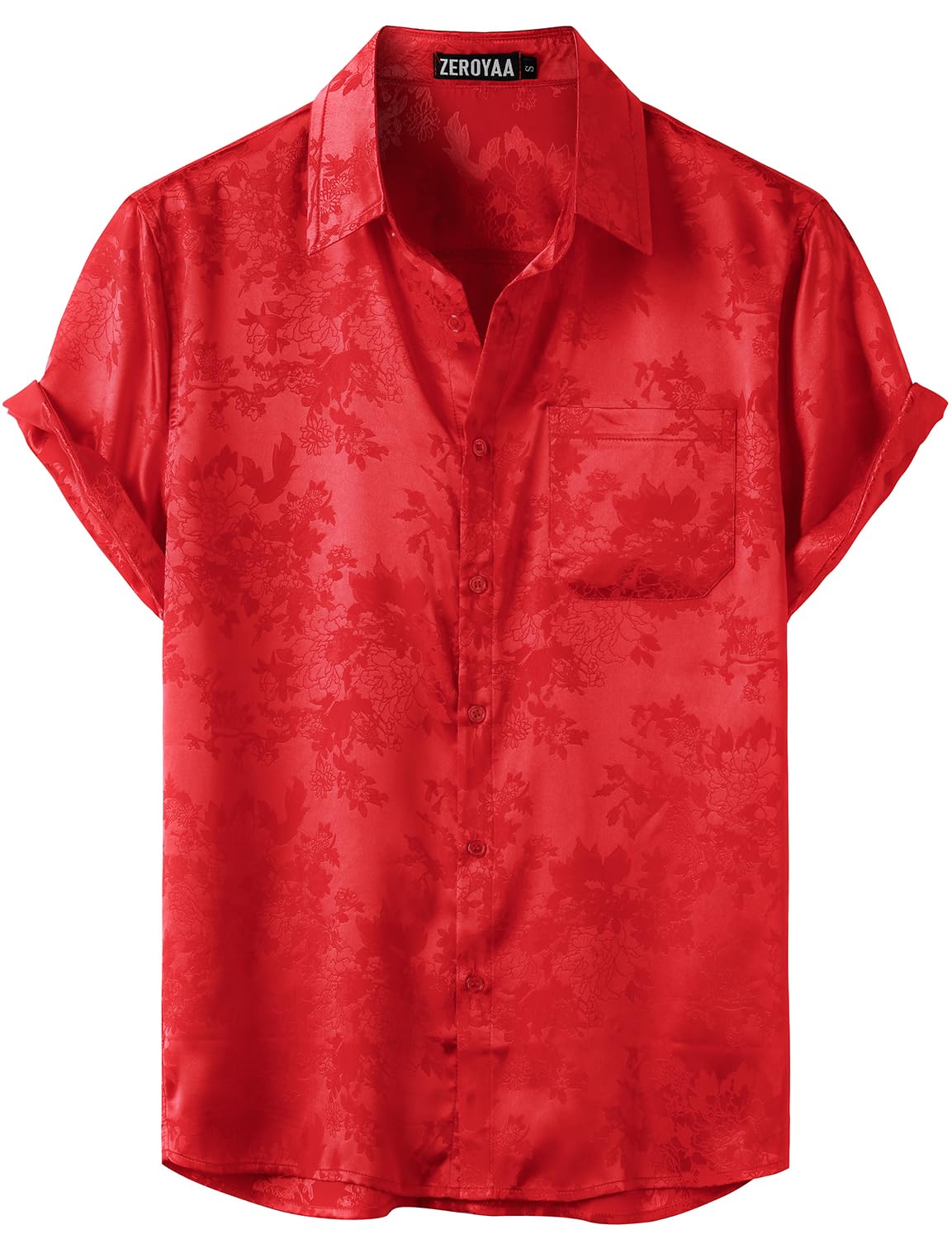 ZEROYAA Men's Shiny Luxury Silk Satin Floral Jacquard Short Sleeve Button Down Shirt for Party Prom ZZCL78-Flame Red Large