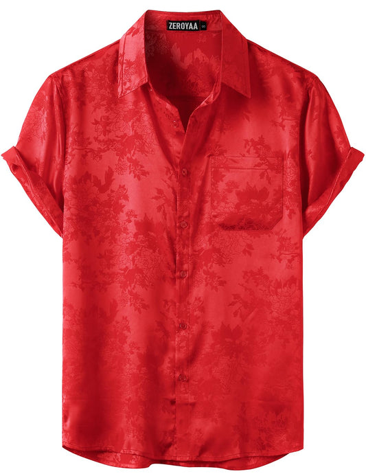 ZEROYAA Men's Shiny Luxury Silk Satin Floral Jacquard Short Sleeve Button Down Shirt for Party Prom ZZCL78-Flame Red Large