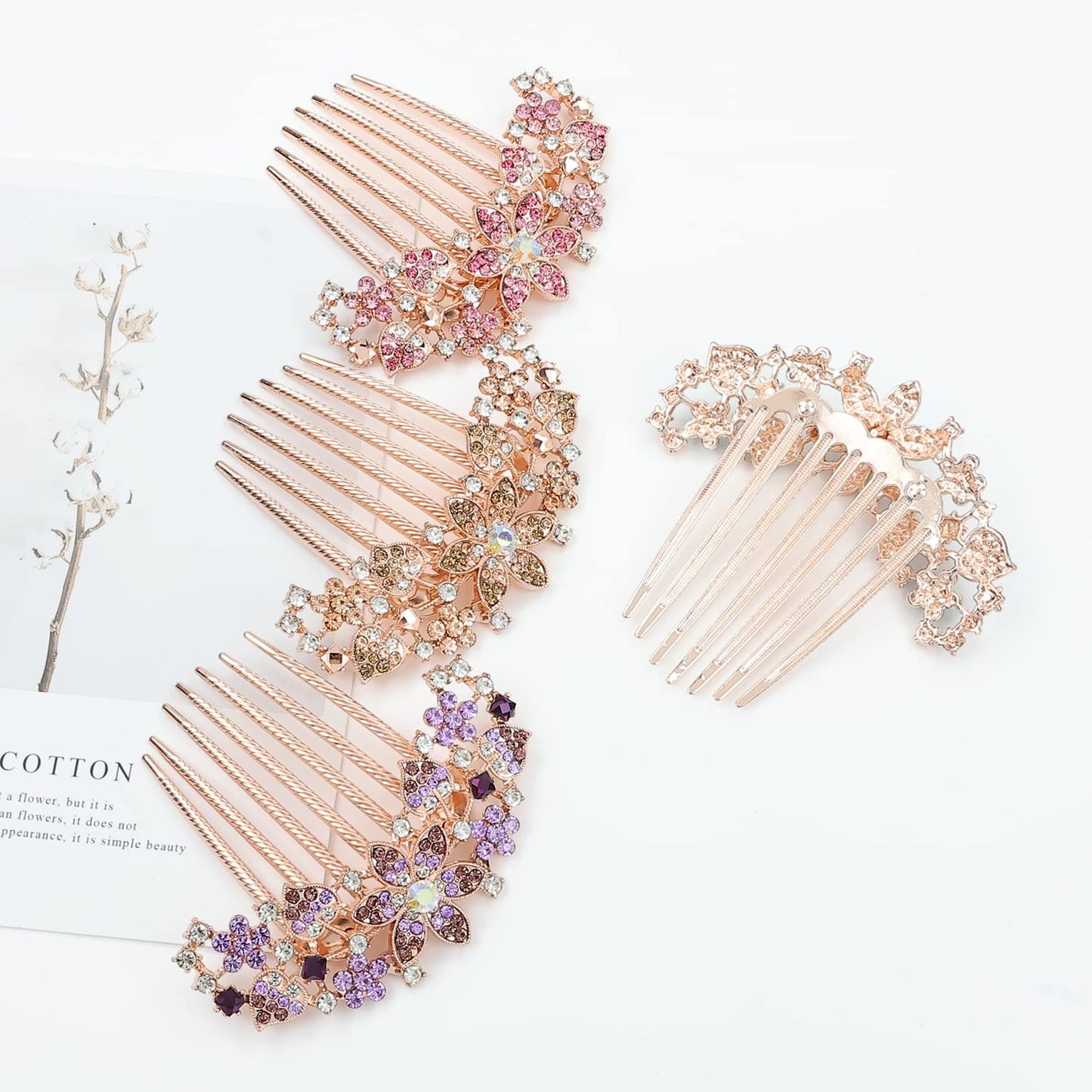 inSowni 4 Pack Luxury Glitter Sparkly Jeweled Gems Crystals Rhinestones Gold Metal Hair Side Combs Slides with Long Teeth Hair Bun Chignon Accessories Hairpins Barrettes Clips for Women Girls