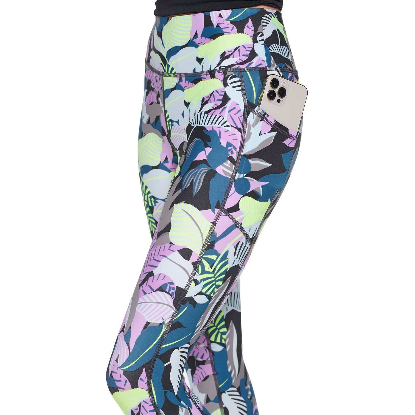 DKNY Women's Tight Printed High Waist Performance Leggings, Poseidon Jungle, Large