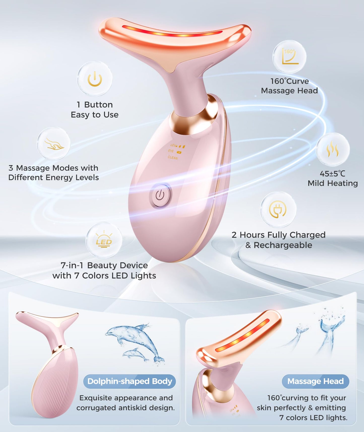 Fastaid 7-in-1 Skin Care Tools, Face Care, Face Neck Massager for Skin Care Routine at Home, Glossy Pink