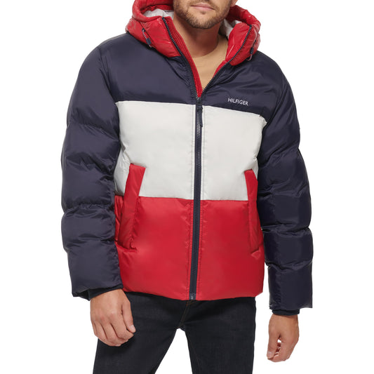 Tommy Hilfiger Men's Relaxed Quilted Puffer Jacket, Midnight/Ice/Red, X-Large