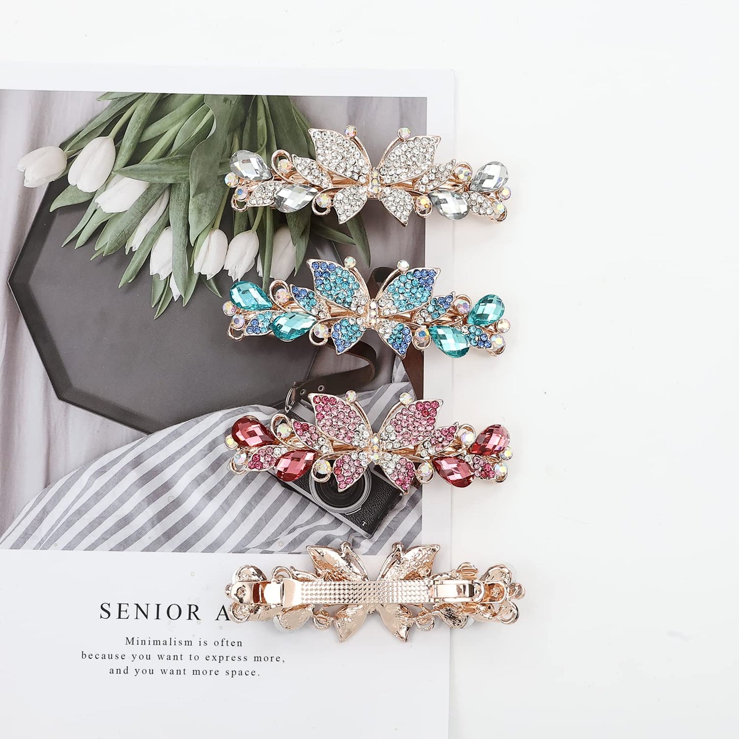 inSowni 4 Pack Luxury Glitter Sparkly Jeweled Gems Crystal Rhinestone Butterfly Metal French Hair Barrettes Fancy Bling Alligator Snap Butterflies Hair Clips Headpieces Accessories for Women Girls