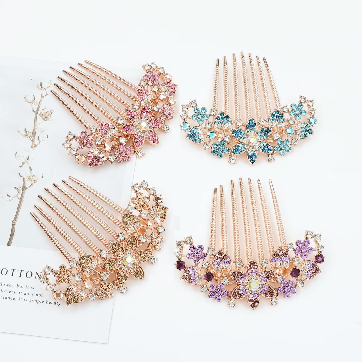 inSowni 4 Pack Luxury Glitter Sparkly Jeweled Gems Crystals Rhinestones Gold Metal Hair Side Combs Slides with Long Teeth Hair Bun Chignon Accessories Hairpins Barrettes Clips for Women Girls
