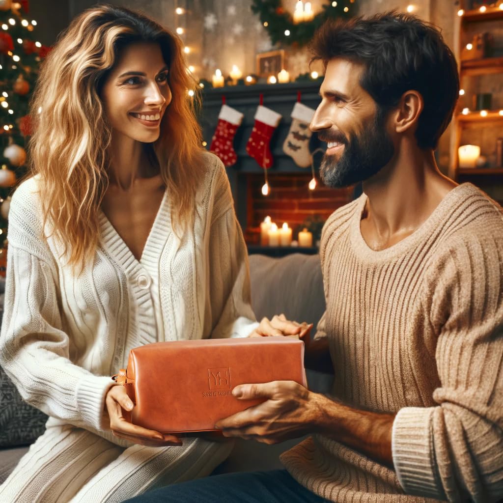 YARD HOUSE Luxury Mens Bath and Body Gift Set Basket For Him - Smoky Sandalwood - All Natural Skin Care Kit For Men w. Full Size Body Wash, Facial Scrub, Body Lotion, Deodorant in Leather Toiletry Bag