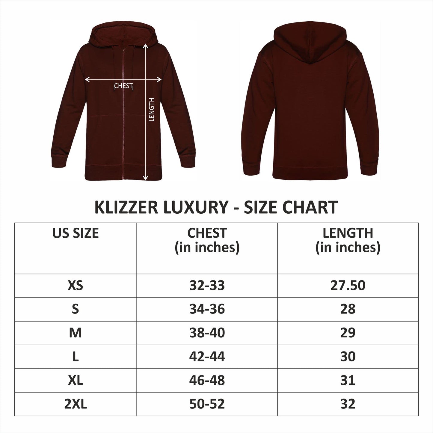 Klizzer Luxury Mens Zip Up Hoodie of Cotton Fleece Heavyweight sweatshirt hoodie(Maroon, Large)