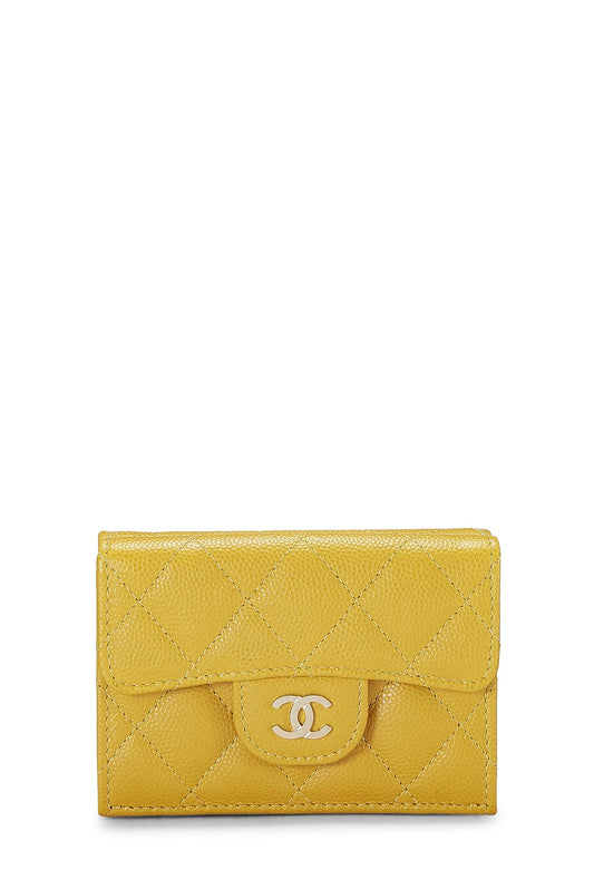 Chanel, Pre-Loved Yellow Quilted Caviar 'CC' Compact Wallet, Yellow