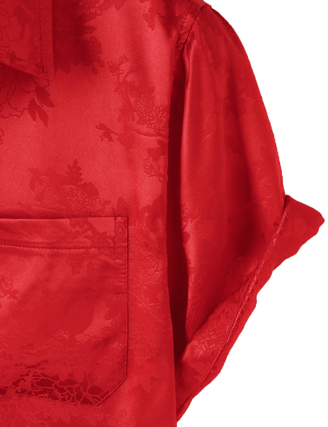 ZEROYAA Men's Shiny Luxury Silk Satin Floral Jacquard Short Sleeve Button Down Shirt for Party Prom ZZCL78-Flame Red Large