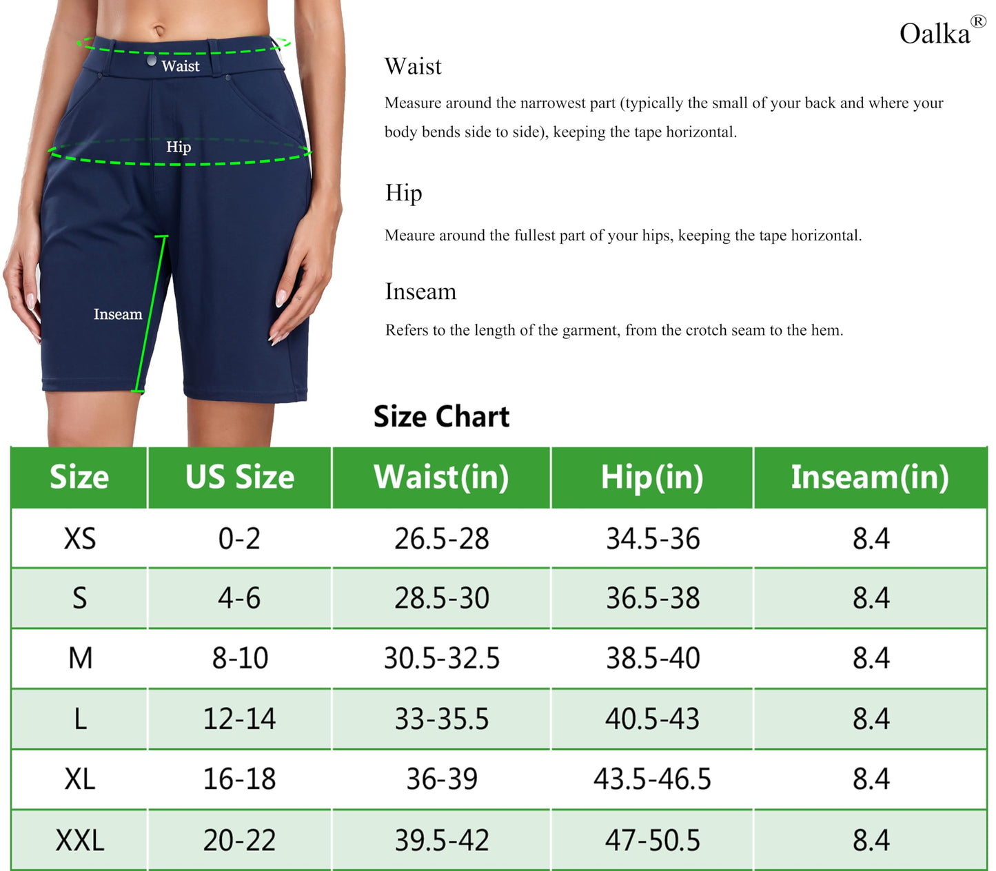 Oalka Women's Bermuda Shorts Work Casual 8" Stretchy Golf Walking Shorts Knee Length Black S
