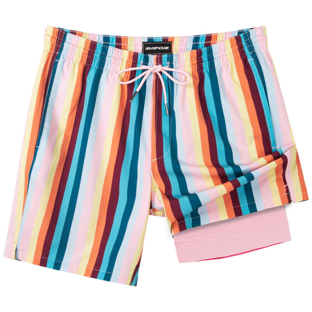 SURF CUZ Mens Swim Trunks with Compression Liner Quick Dry Swim Shorts 7" Swimming Trunks Stretch Zipper Pockets Beige Vintage Stripes Large