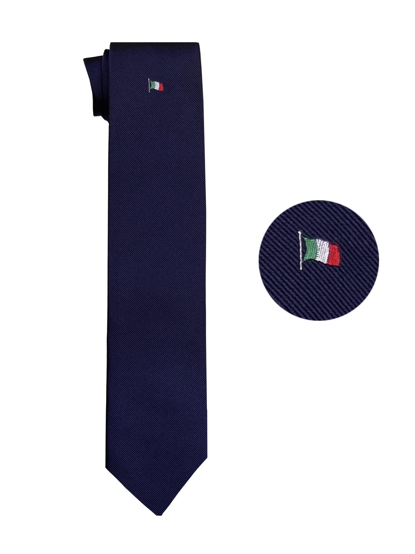 Remo Sartori Made in Italy Blue Necktie with Italian Flag Undernode Embroidery, 3.14'' Width, Silk