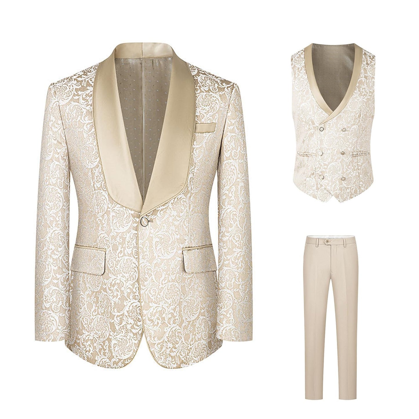 FIXRIMCH Formal Tuxedo Suit for Men Embroidered Paisley Blazer Jacket Vest Pants Set for Wedding Party,Dinner,Prom Apricot