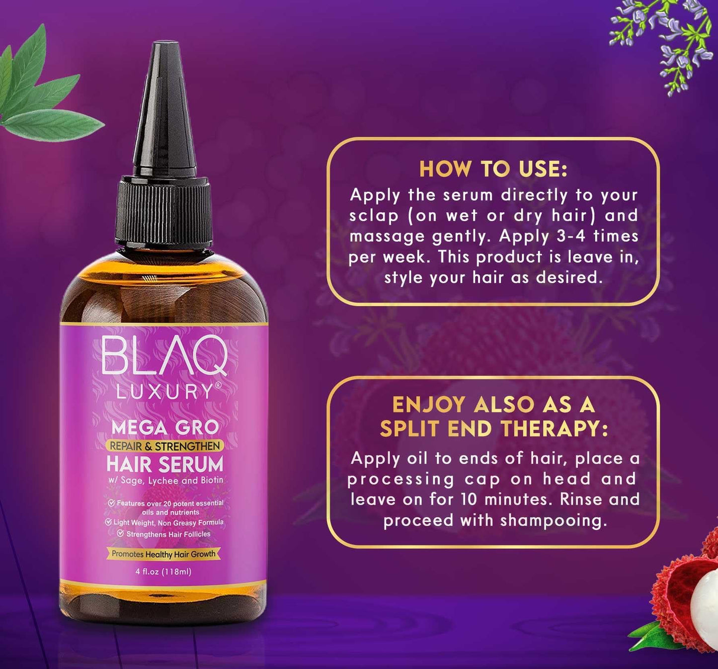 Blaq Luxury Hair Growth Oil - Dry Scalp Treatment For Dry Itchy Scalp With Biotin for Repair & Strengthening, Hair Serum for Frizzy and Damaged Hair, Split End Treatment for Women, 4oz (2 Pack)