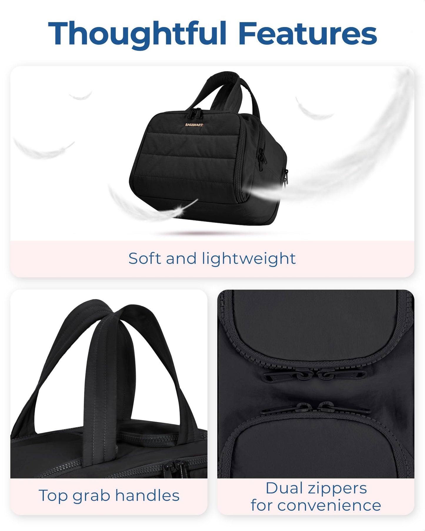 BAGSMART Travel Toiletry Bag, Lightweight Large Wide-open Travel Bag for Women, Puffy Cosmetic Makeup Bag Organizer with Handle for Accessories,Essentials, Toiletries, Black