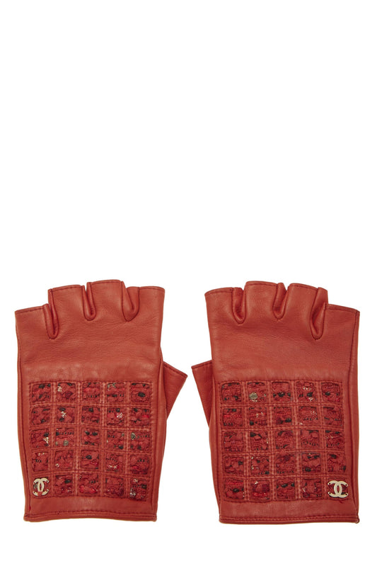 Chanel, Pre-Loved Red Lambskin & Tweed Fingerless Gloves, Red