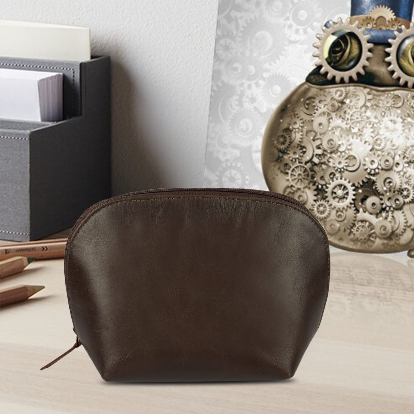 The Antiq Leather Cosmetic Case, Travel makeup Bag, Leather Toiletry Bag, Luxury Makeup Pouch, Leather Cosmetic Pouch, Makeup Essentials Organiser Pouch for Men and Women - Brown