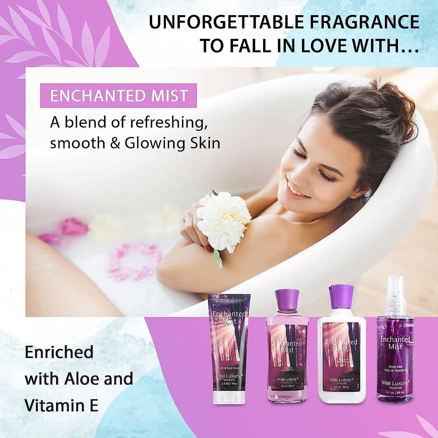 Vital Luxury Enchanted Mist Scent Bath & Body Kit, 3 Fl Oz, Ideal Skincare Gift Home Spa Set, Includes Body Lotion, Shower Gel, Body Cream, and Fragrance Mist, Christmas Gift Sets
