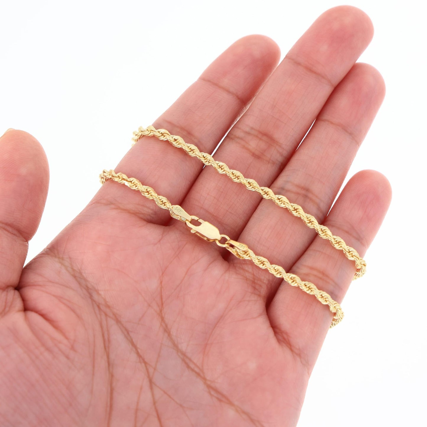 Nuragold 14k Yellow Gold 2.5mm Solid Rope Chain Diamond Cut Link Bracelet or Anklet, Mens Womens Jewelry 7" 7.5" 8" 8.5" 9"