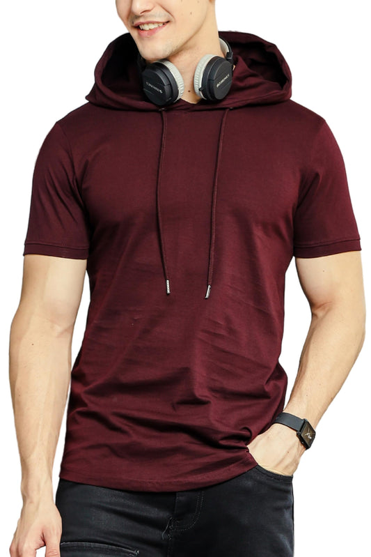 Klizzer Mens Short Sleeve Hoodie - Short Sleeve Sweatshirts for Men - Hooded T Shirts for Men - 100% Cotton Sweatshirts, Lightweight Summer Hoodie, Workout Athletic Pullover Hoodie Men, Maroon 2XL