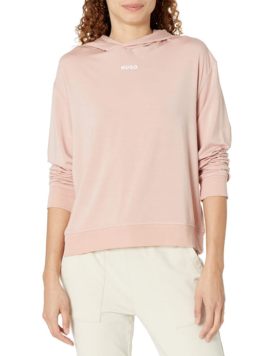 HUGO Women's Jersey Center Logo Lounge Hooded Sweatshirt, Dusty Rose, L