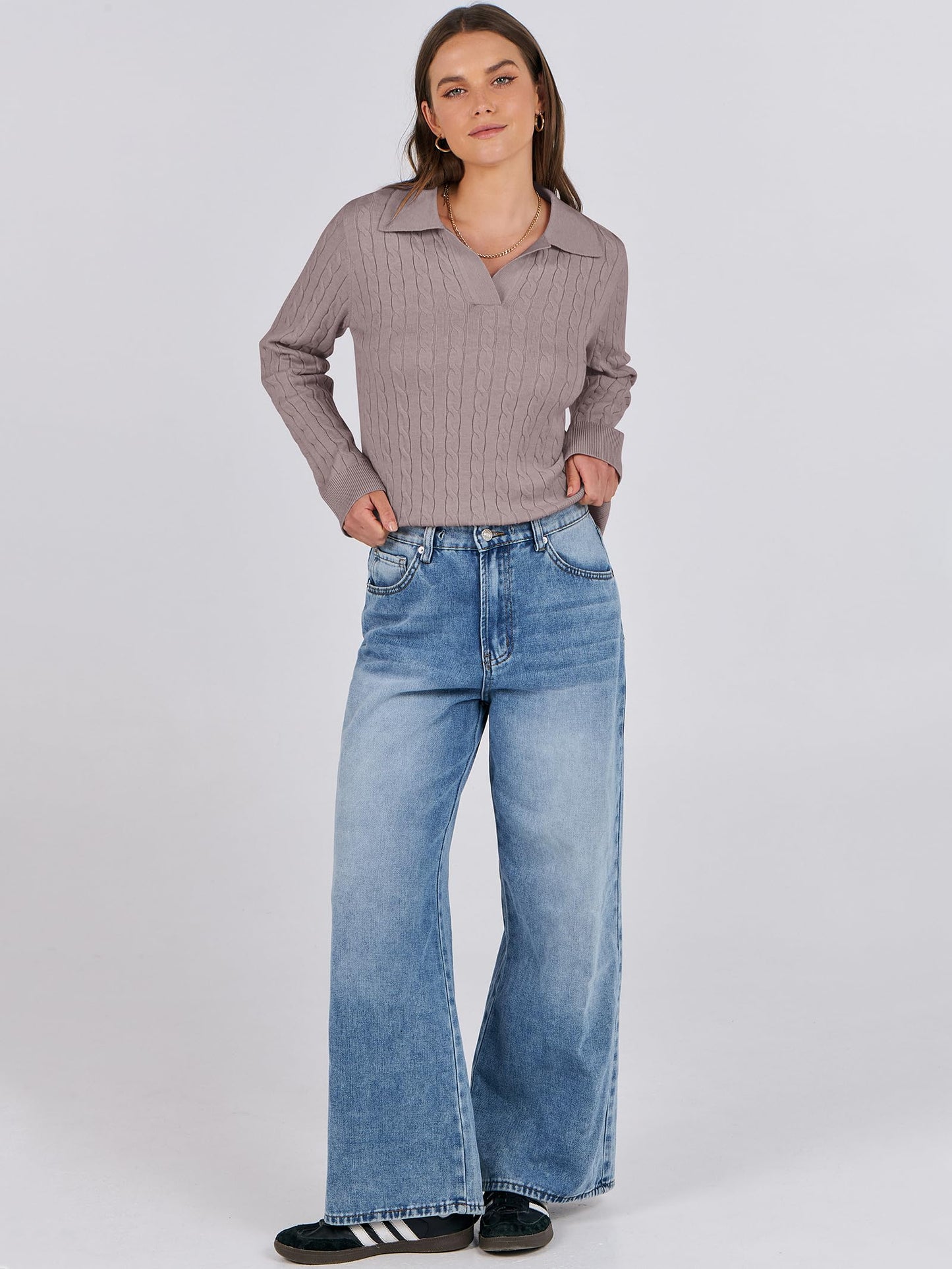 ANRABESS Womens Cable Knit Sweaters Long Sleeve V Neck Sweater Tops Casual Pullover Polo Shirts 2024 Fall Fashion Outfits Purple Taupe XL