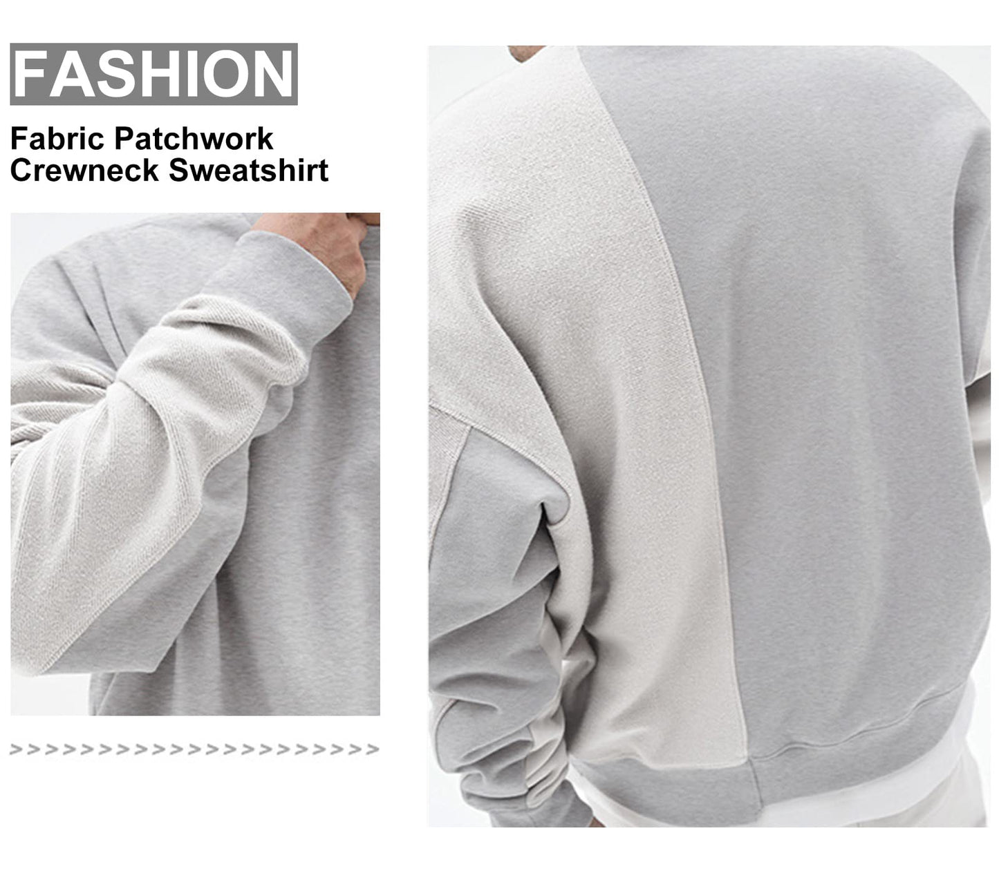 Surenow Mens Patchwork Crewneck Sweatshirt Long-Sleeve Lightweight Terry Sweatshirt Casual Workout Pullover Shirt Tops Grey