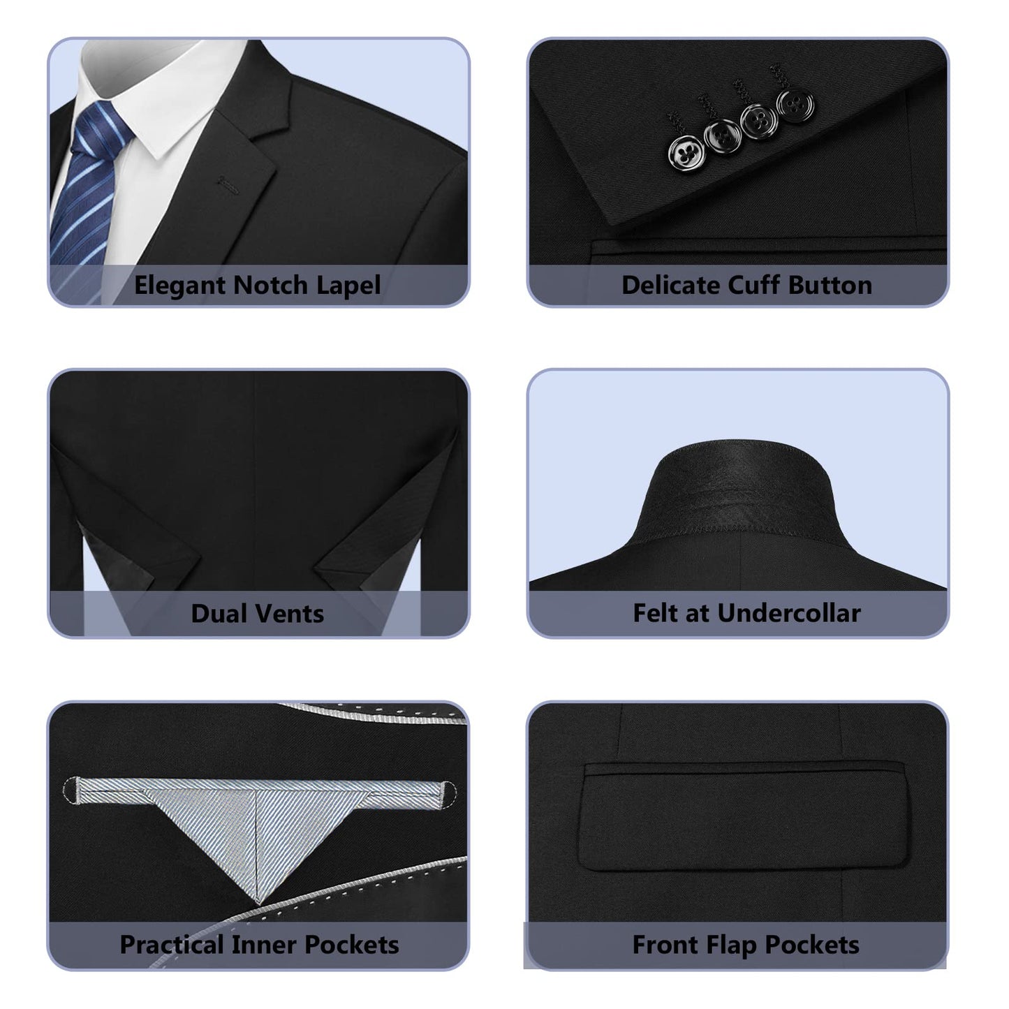 Cooper & Nelson Men's Suit Slim Fit, 3 Piece Suits for Men, One Button Solid Jacket Vest Pants with Tie, Tuxedo Set Black XS