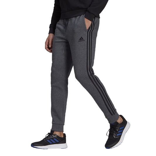 adidas Men's Standard Essentials Fleece Tapered Cuff 3-Stripes Pants, Dark Grey Heather/Black, Medium