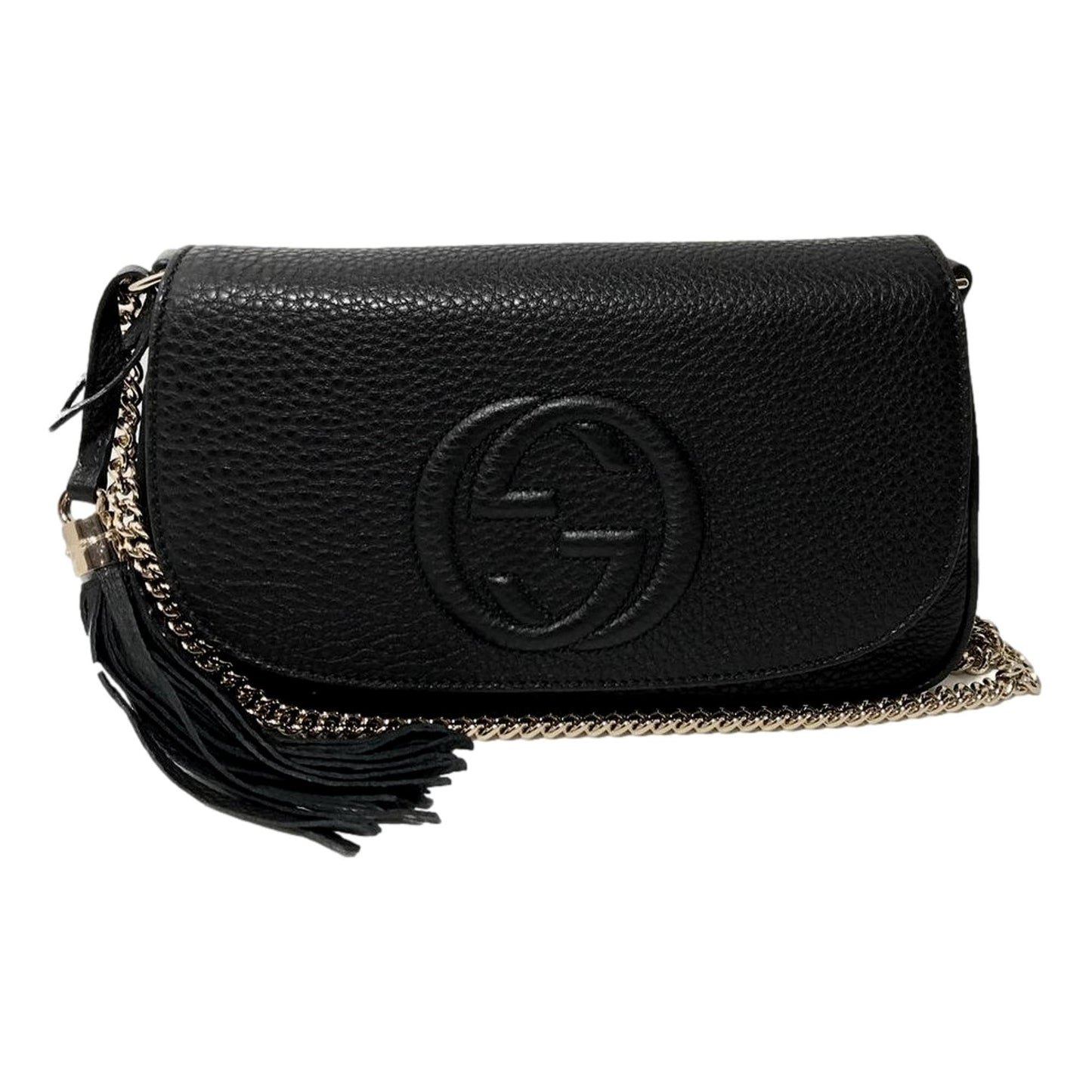 Gucci Soho Leather Flap Shoulder Bag Black Gold Tassel New Authentic
