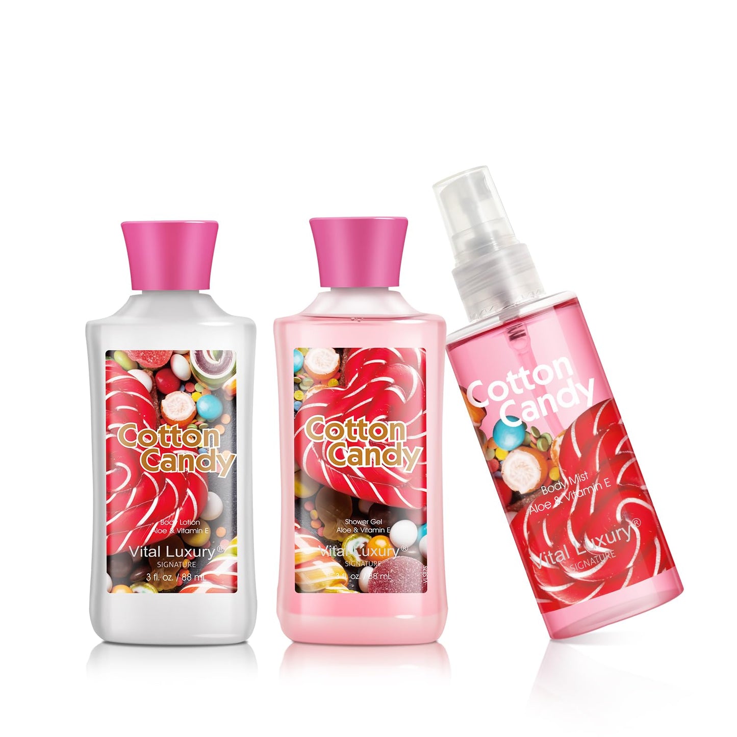 Vital Luxury Cotton Candy Bath & Body Travel Kit, 3 Fl Oz, Ideal Skincare Gift Home Spa Set, Includes Shower Gel, Body Lotion and Fragrance Mist, Christmas Gifts for Your Family and Friends