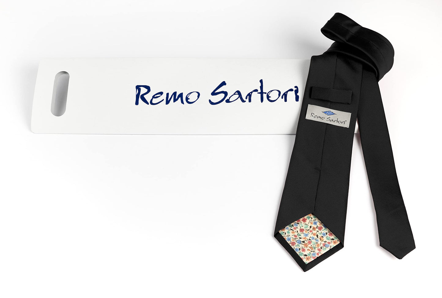 Remo Sartori Made in Italy Elegant Men's Solid Color Wedding Tie Necktie, Silk Satin (Black)