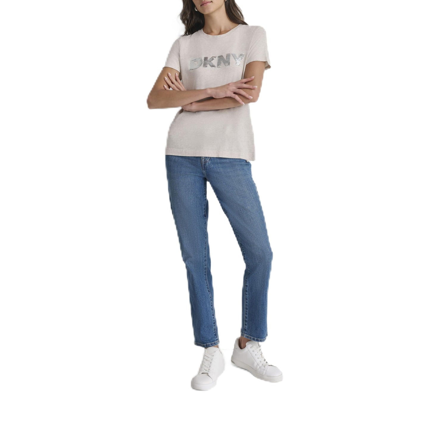 DKNY Women's Logo Soft Short Sleeve Top, Crtd Hr/Shiny Silver