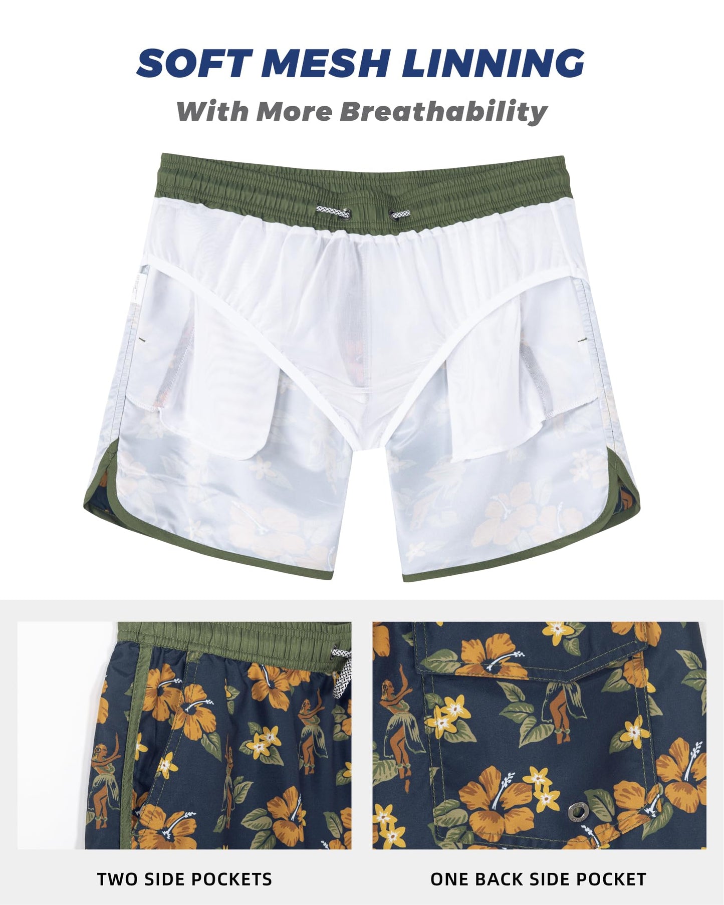SURF CUZ Mens Swim Trunks 5" Swim Shorts Vintage Bathing Suits with Mesh Lining 80s 90s Retro Swimwear Board Shorts,Aloha,L