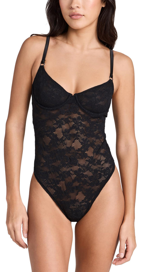 Fleur du Mal Women's Le Stretch Multifit Lace Thong Bodysuit, Black, XS