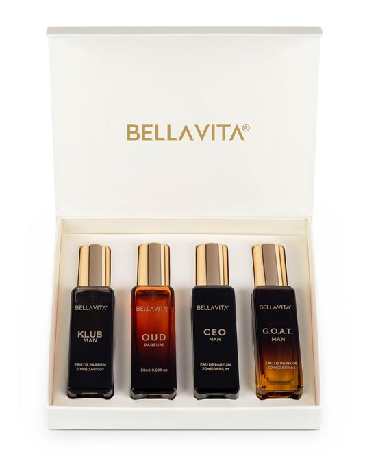Bella.Vita Luxury Men's Perfume Gift Set, 4 x 20 ml, Woody, Citrusy, Long Lasting EDP Fragrance Scent,with KLUB, OUD, CEO, G.O.A.T Perfume