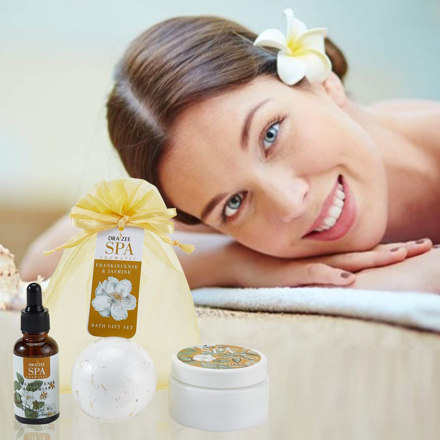 Mother's Day Gift- Draizee Home Spa Bath Gift Set for Womens and Girls w /Refreshing Frankincense & Jasmine Fragrance, 3 Pieces - Luxury Skin Care Set Includes Body Lotion, Essential Oil, Bath Bomb