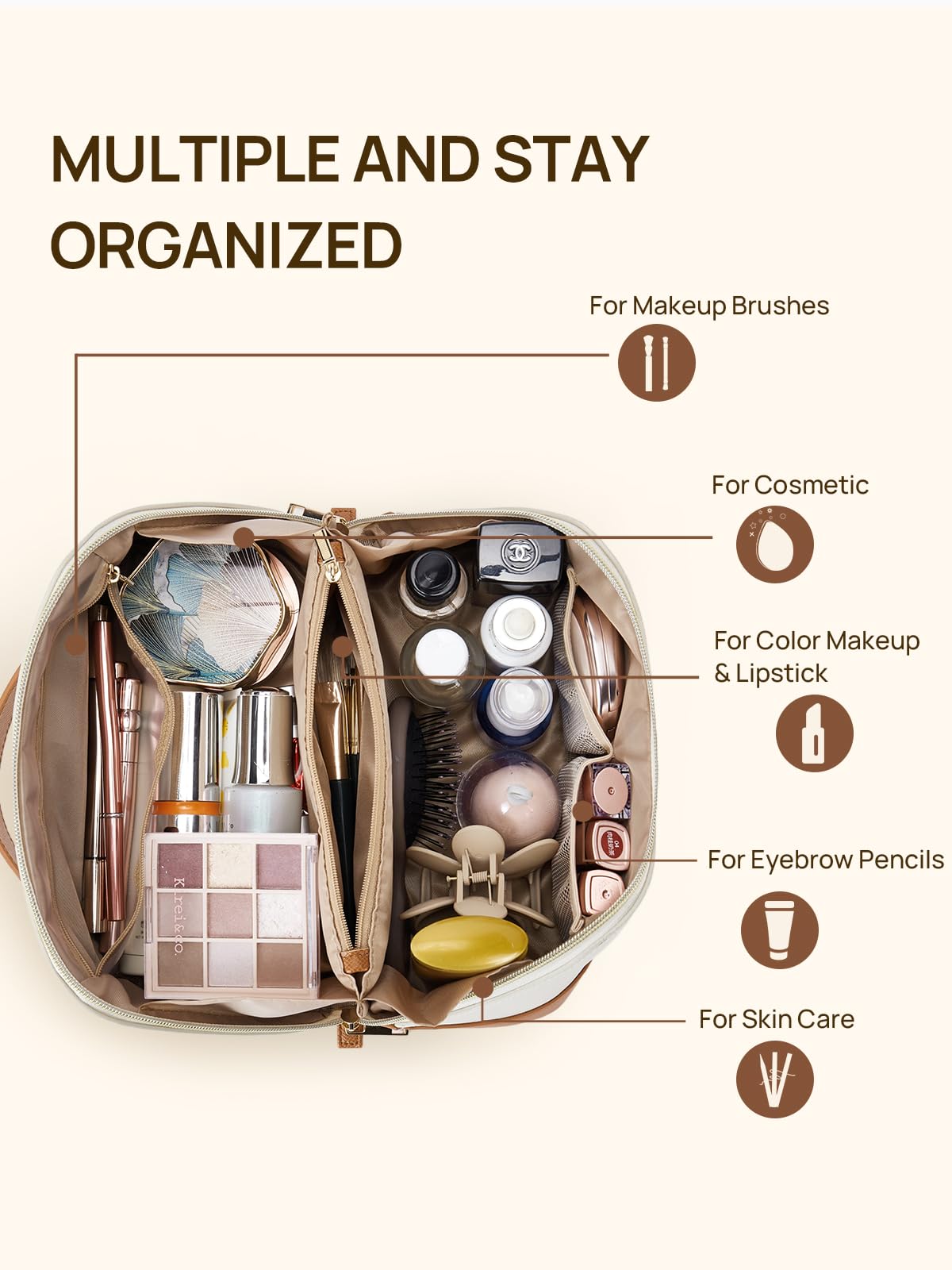 Telena Makeup Bag Large Capacity Travel Cosmetic Bag Portable PU Leather Water Resistant Makeup Organizer Bags for Women with Handle and Divider Open Flat Beige with Brown