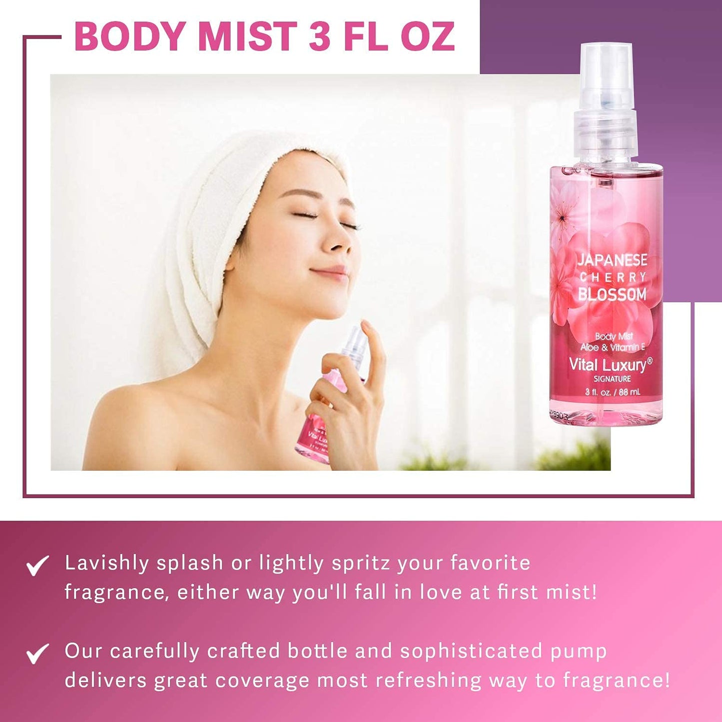 Vital Luxury Bath & Body Care Travel Set - Home Spa Set with Body Lotion, Shower Gel and Fragrance Mist (Japanese Cherry Blossom)