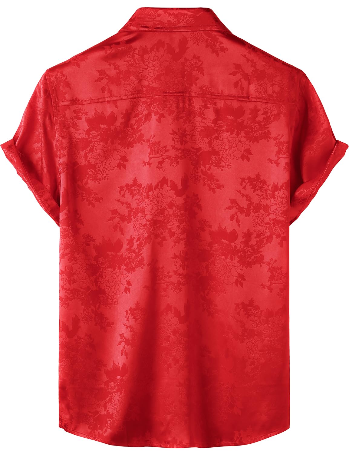 ZEROYAA Men's Shiny Luxury Silk Satin Floral Jacquard Short Sleeve Button Down Shirt for Party Prom ZZCL78-Flame Red Large